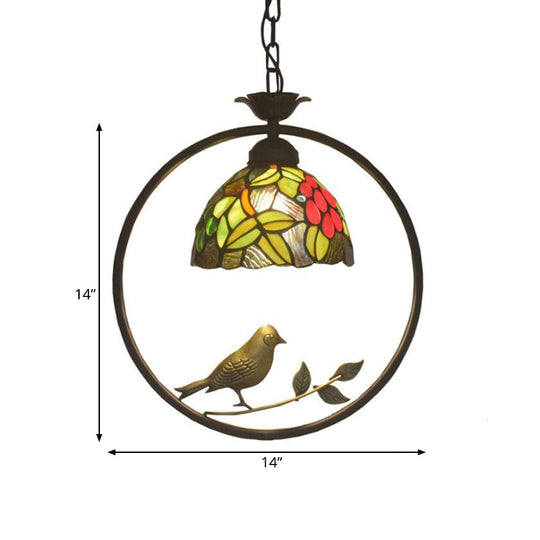 Dome Hanging Tiffany Lamp Kit - 1-Light Cut Glass Suspension Ceiling Lamp in Pink/Yellow with Bird Deco for Dining Room