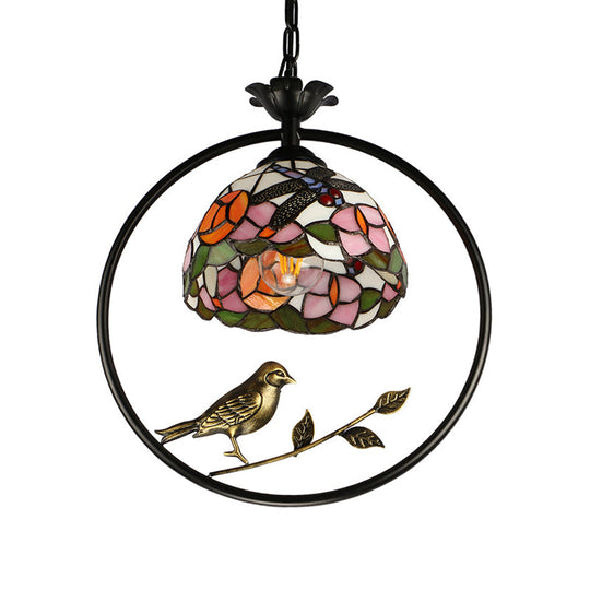 Dome Hanging Tiffany Lamp Kit - 1-Light Cut Glass Suspension Ceiling Lamp in Pink/Yellow with Bird Deco for Dining Room