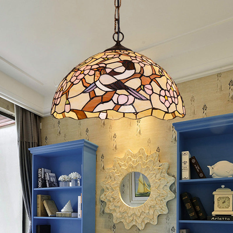 Victorian Stained Glass Ceiling Lamp With White Tropical Bird Pendant - 1 Light