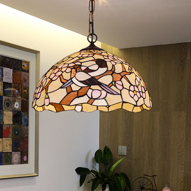 Victorian Stained Glass Ceiling Lamp With White Tropical Bird Pendant - 1 Light