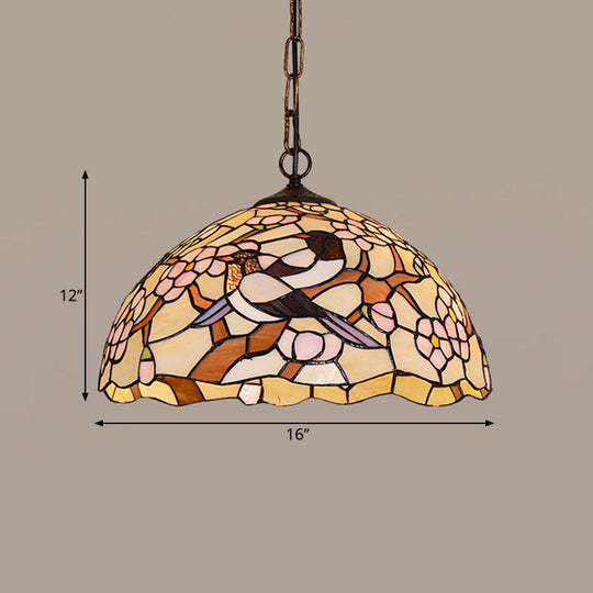 Victorian Stained Glass Ceiling Lamp With White Tropical Bird Pendant - 1 Light