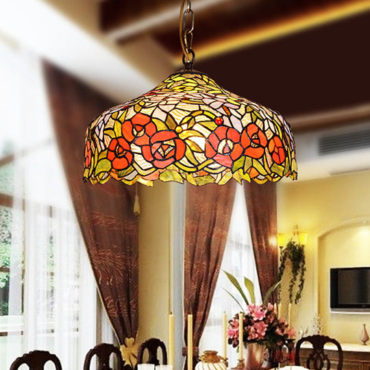 Red Mediterranean Floral Ceiling Pendant Lamp with Cut Glass - 1 Light Fixture