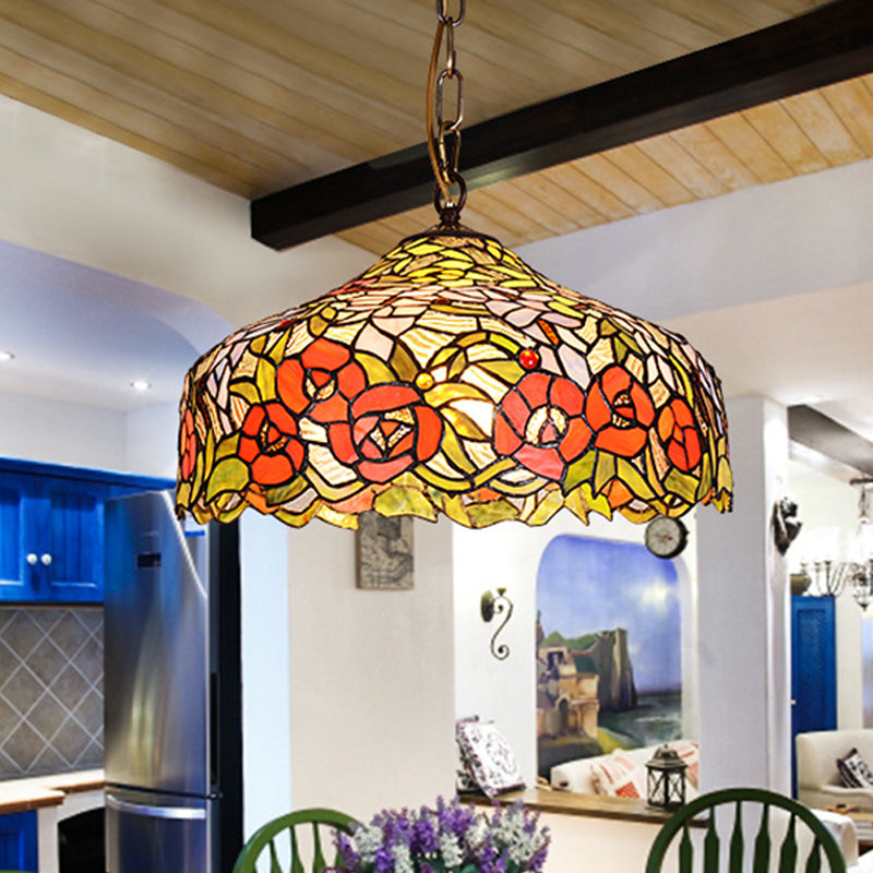 Red Mediterranean Floral Ceiling Pendant Lamp with Cut Glass - 1 Light Fixture