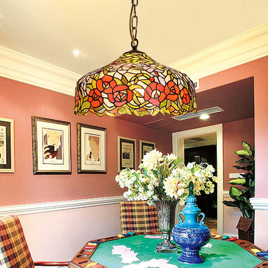 Red Mediterranean Floral Ceiling Pendant Lamp with Cut Glass - 1 Light Fixture