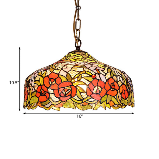 Red Mediterranean Floral Ceiling Pendant Lamp with Cut Glass - 1 Light Fixture