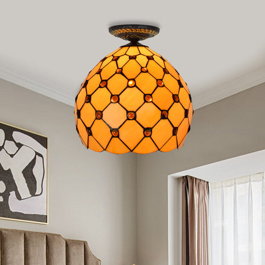 Tiffany-Style Stained Glass Jeweled Ceiling Light in Bronze Flush Mount, Multiple Sizes Available