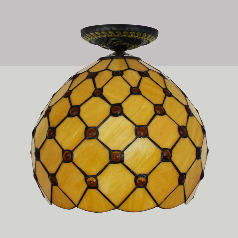 Tiffany-Style Stained Glass Jeweled Ceiling Light in Bronze Flush Mount, Multiple Sizes Available