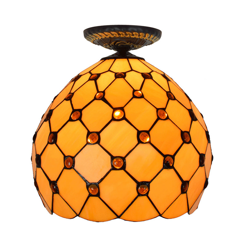 Tiffany-Style Stained Glass Jeweled Ceiling Light in Bronze Flush Mount, Multiple Sizes Available