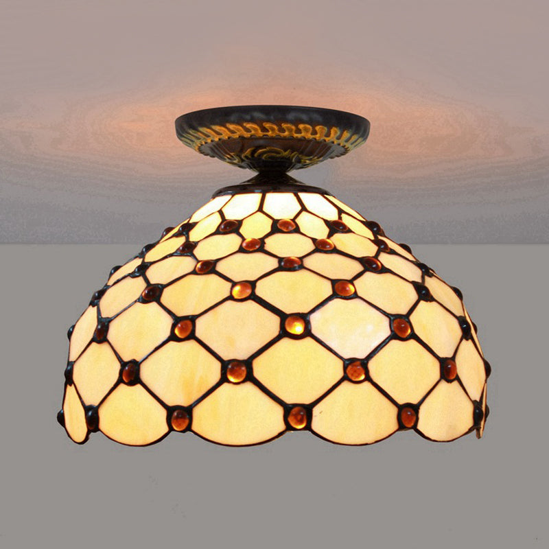 Tiffany-Style Stained Glass Jeweled Ceiling Light in Bronze Flush Mount, Multiple Sizes Available