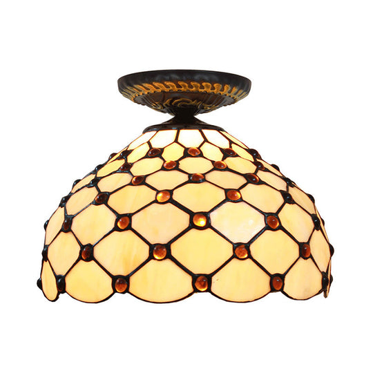 Tiffany-Style Stained Glass Jeweled Ceiling Light In Bronze Flush Mount Multiple Sizes Available