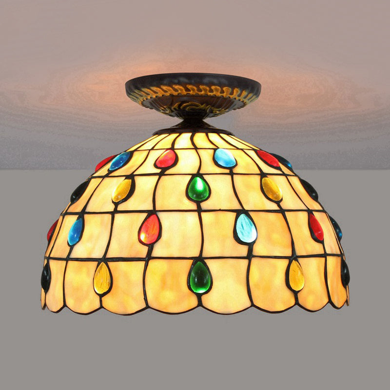 Tiffany-Style Stained Glass Jeweled Ceiling Light In Bronze Flush Mount Multiple Sizes Available /