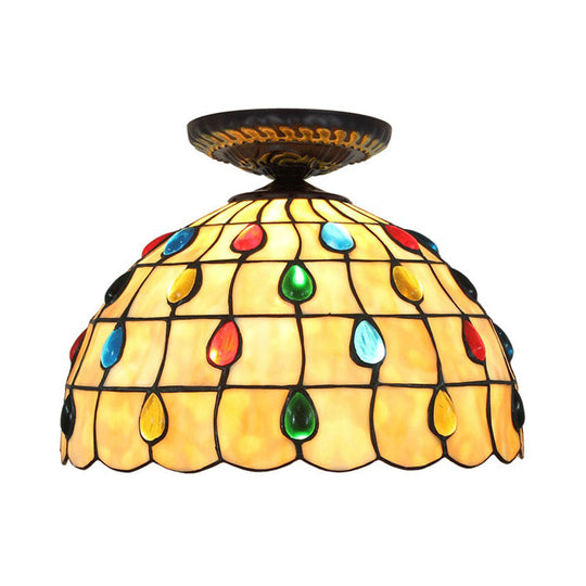 Tiffany-Style Stained Glass Jeweled Ceiling Light in Bronze Flush Mount, Multiple Sizes Available