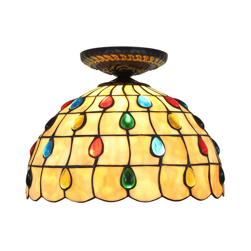 Tiffany-Style Stained Glass Jeweled Ceiling Light In Bronze Flush Mount Multiple Sizes Available