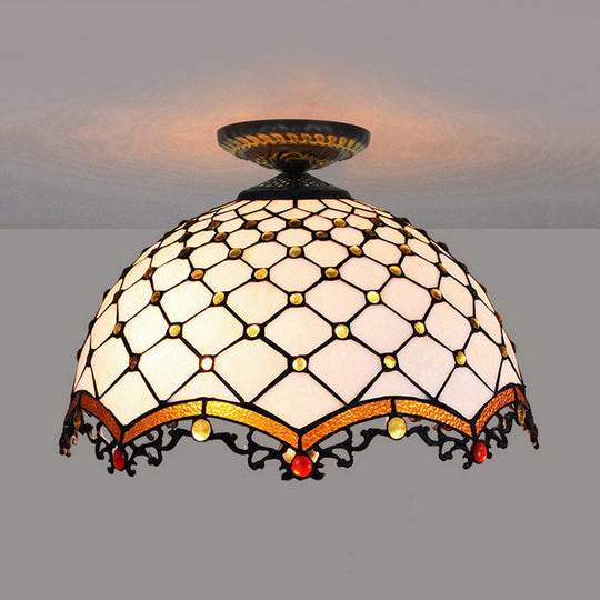 Tiffany-Style Stained Glass Jeweled Ceiling Light in Bronze Flush Mount, Multiple Sizes Available