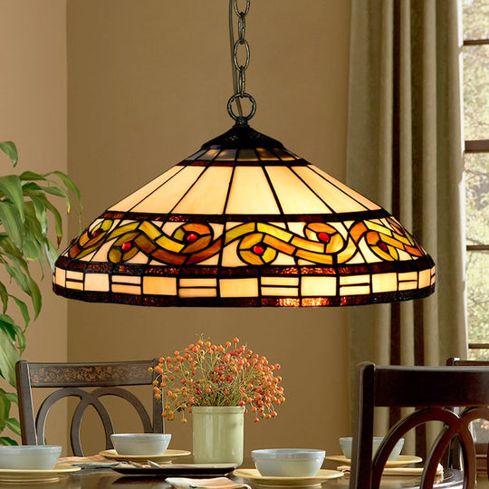 Stunning Stained Glass Pendant Lamp - Flower/Cone Design - 1-Light - Mediterranean - Black Finish