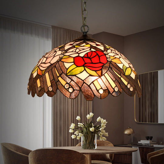 Stunning Stained Glass Pendant Lamp - Flower/Cone Design - 1-Light - Mediterranean - Black Finish