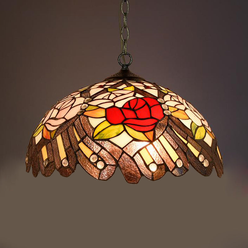 Stunning Stained Glass Pendant Lamp - Flower/Cone Design - 1-Light - Mediterranean - Black Finish