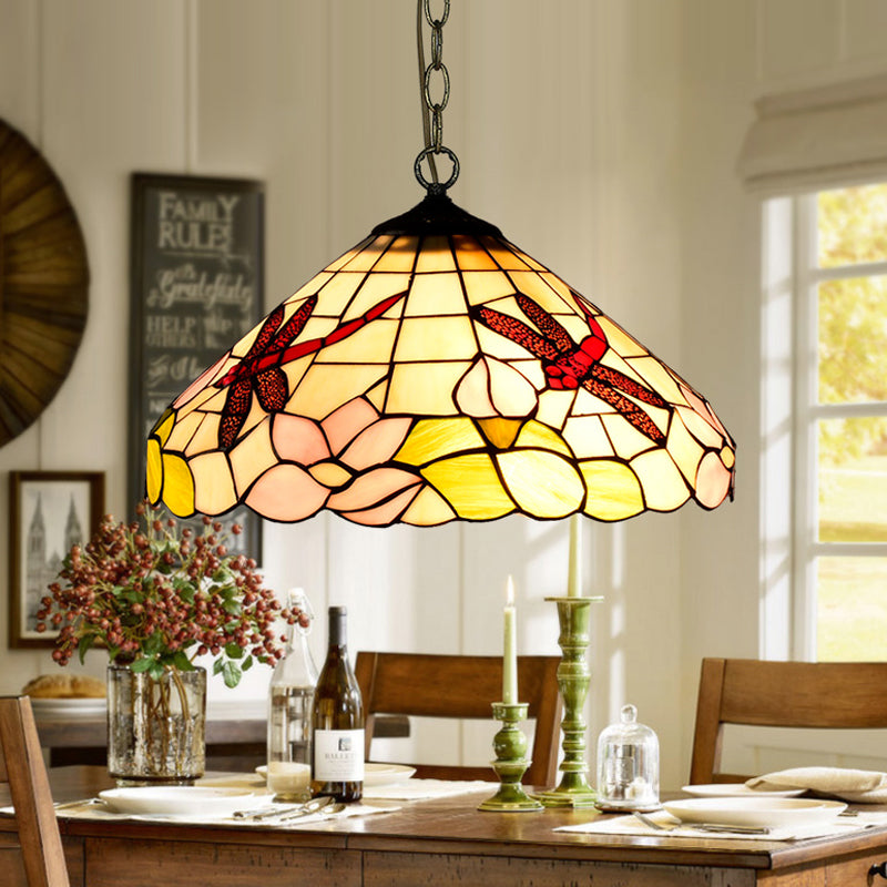 Stunning Stained Glass Pendant Lamp - Flower/Cone Design - 1-Light - Mediterranean - Black Finish