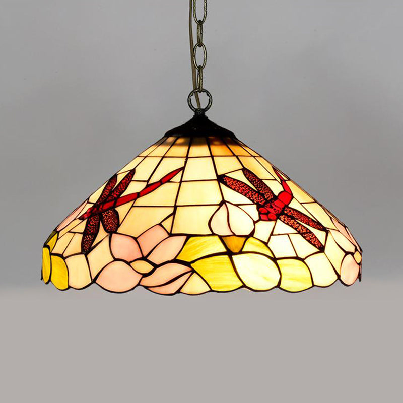 Stunning Stained Glass Pendant Lamp - Flower/Cone Design - 1-Light - Mediterranean - Black Finish