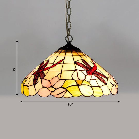 Stunning Stained Glass Pendant Lamp - Flower/Cone Design - 1-Light - Mediterranean - Black Finish