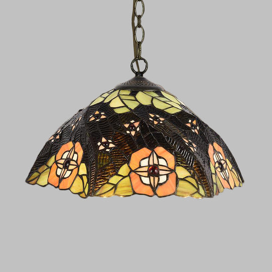 Stunning Stained Glass Pendant Lamp - Flower/Cone Design - 1-Light - Mediterranean - Black Finish