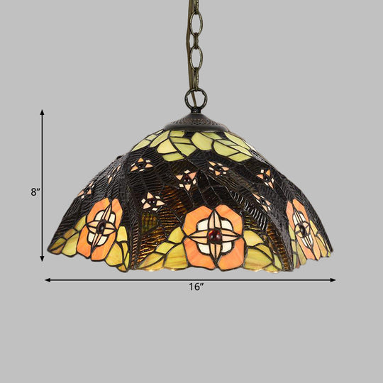 Stunning Stained Glass Pendant Lamp - Flower/Cone Design - 1-Light - Mediterranean - Black Finish