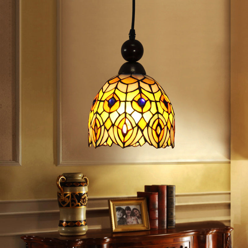 Mediterranean Dragonfly Cut Glass Pendant Light Kit - 1-Light In Black/Red/Yellow For Corridor