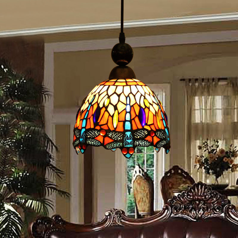 Mediterranean Dragonfly Cut Glass Pendant Light Kit - 1-Light In Black/Red/Yellow For Corridor Red