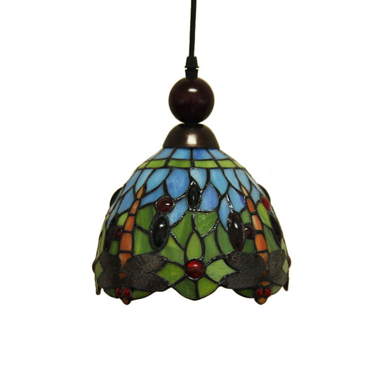 Mediterranean Dragonfly Cut Glass Pendant Light Kit - 1-Light In Black/Red/Yellow For Corridor