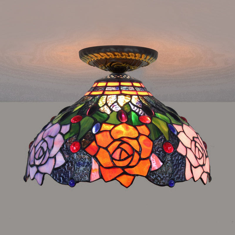 Rose Metal Tiffany Flush Mount Ceiling Light Fixture - Brass Finish, 12"/16" Diameter