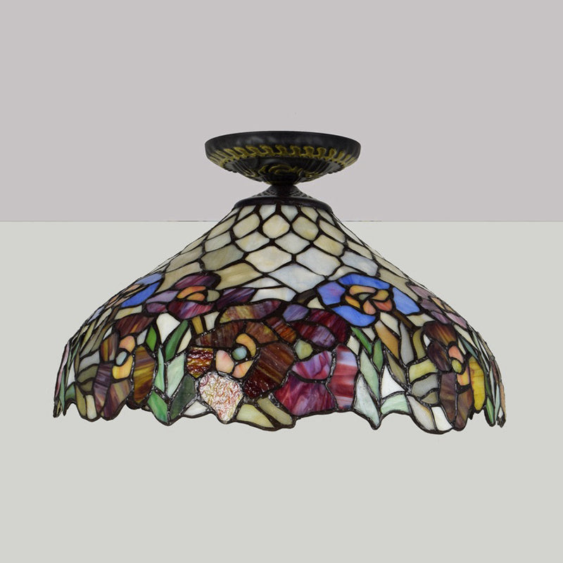 Rose Metal Tiffany Flush Mount Ceiling Light Fixture - Brass Finish, 12"/16" Diameter