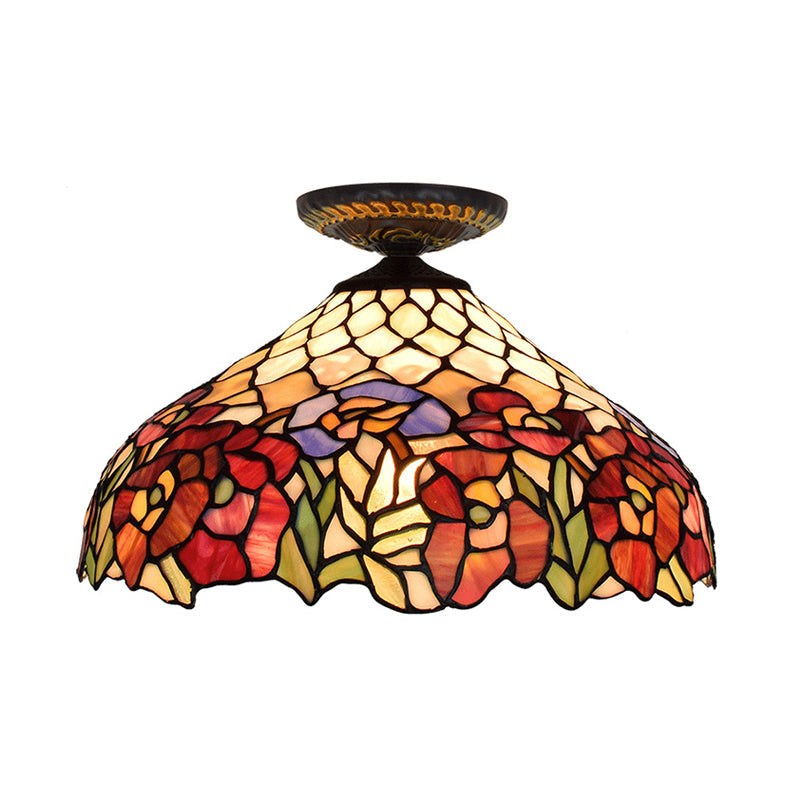 Rose Metal Tiffany Flush Mount Ceiling Light Fixture - Brass Finish, 12"/16" Diameter