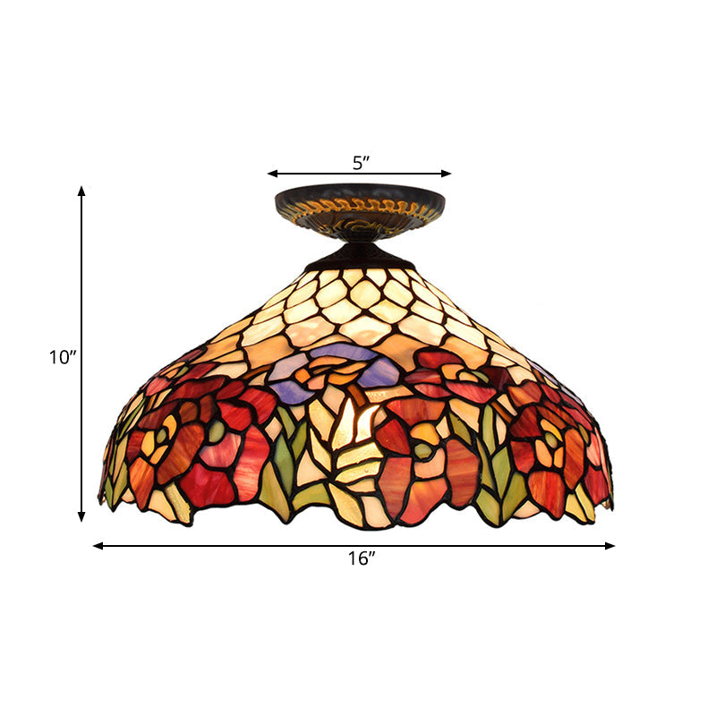 Rose Metal Tiffany Flush Mount Ceiling Light Fixture - Brass Finish, 12"/16" Diameter