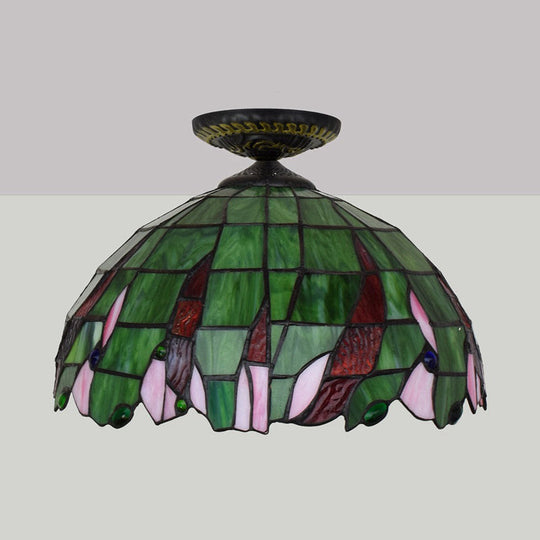 Tiffany-Style Hand Cut Glass Brass Flush Mount Ceiling Light with Single Bulb