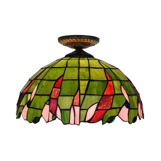 Tiffany-Style Hand Cut Glass Brass Flush Mount Ceiling Light with Single Bulb