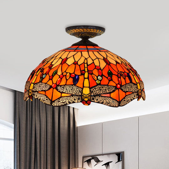 Tiffany-Style Dragonfly Cut Glass Ceiling Lamp - Brass Flush Mount Light Fixture, 16"/18" Width