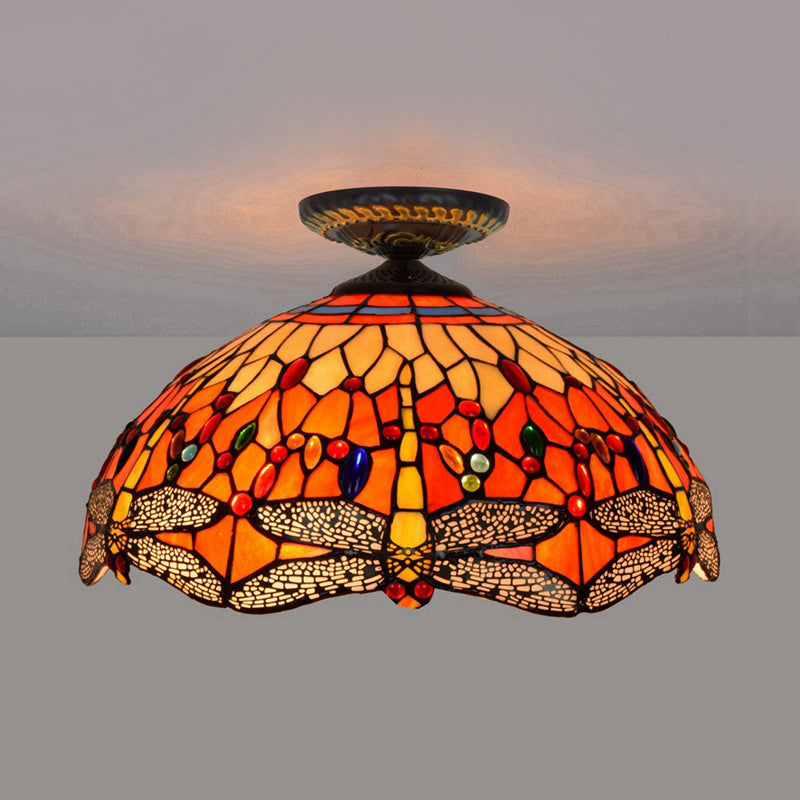 Tiffany-Style Dragonfly Cut Glass Ceiling Lamp - Brass Flush Mount Light Fixture, 16"/18" Width