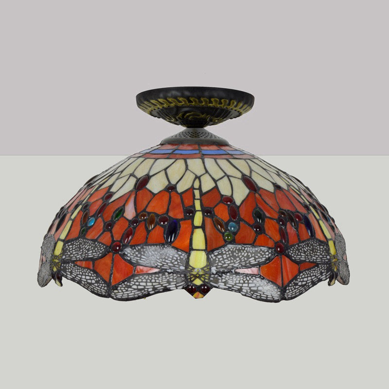 Tiffany-Style Dragonfly Cut Glass Ceiling Lamp - Brass Flush Mount Light Fixture, 16"/18" Width