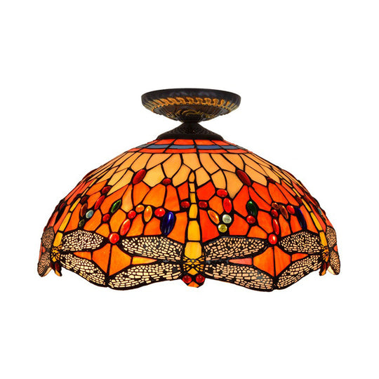 Tiffany-Style Dragonfly Cut Glass Ceiling Lamp - Brass Flush Mount Light Fixture, 16"/18" Width