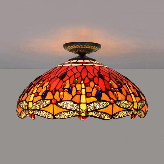 Tiffany-Style Dragonfly Cut Glass Ceiling Lamp - Brass Flush Mount Light Fixture, 16"/18" Width