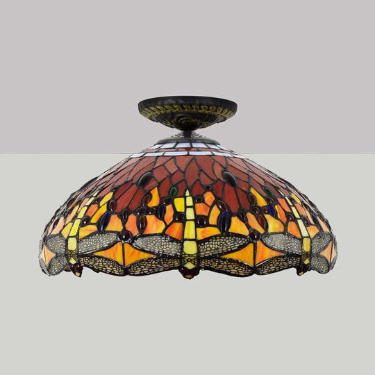 Tiffany-Style Dragonfly Cut Glass Ceiling Lamp - Brass Flush Mount Light Fixture, 16"/18" Width