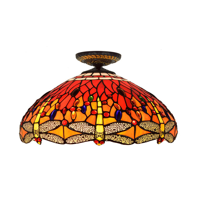 Tiffany-Style Dragonfly Cut Glass Ceiling Lamp - Brass Flush Mount Light Fixture, 16"/18" Width