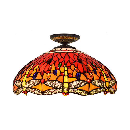 Tiffany-Style Dragonfly Cut Glass Ceiling Lamp - Brass Flush Mount Light Fixture, 16"/18" Width