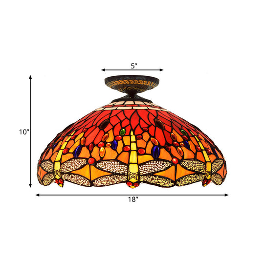 Tiffany-Style Dragonfly Cut Glass Ceiling Lamp - Brass Flush Mount Light Fixture, 16"/18" Width