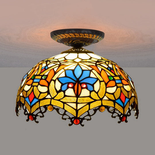 12"/16" W Baroque Scalloped Flush Mount Ceiling Lamp - Handcrafted Stained Glass, 1 Bulb, Black