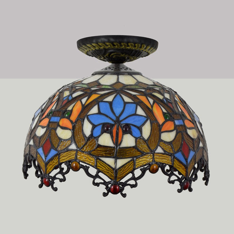 12"/16" W Baroque Scalloped Flush Mount Ceiling Lamp - Handcrafted Stained Glass, 1 Bulb, Black