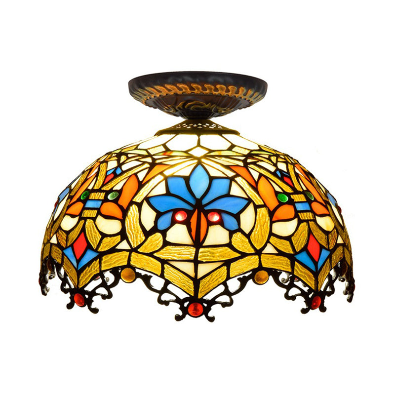 12"/16" W Baroque Scalloped Flush Mount Ceiling Lamp - Handcrafted Stained Glass, 1 Bulb, Black