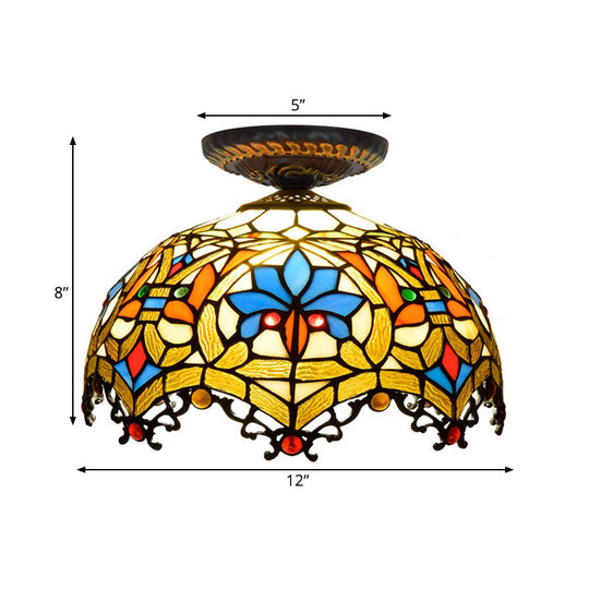 12"/16" W Baroque Scalloped Flush Mount Ceiling Lamp - Handcrafted Stained Glass, 1 Bulb, Black