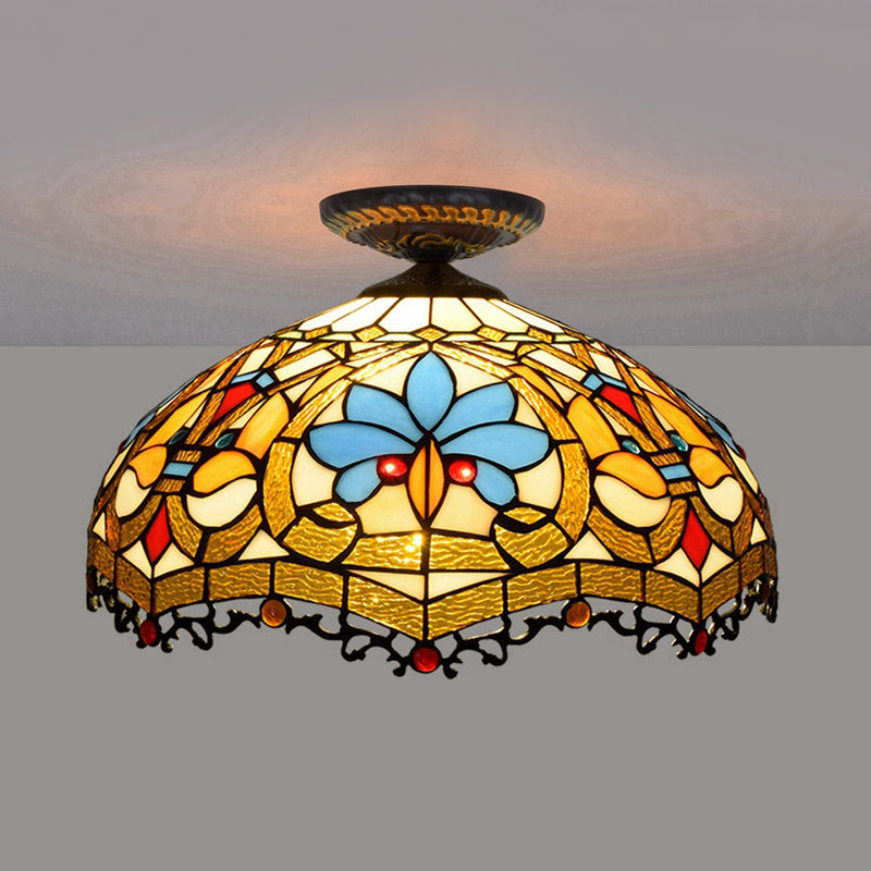 12"/16" W Baroque Scalloped Flush Mount Ceiling Lamp - Handcrafted Stained Glass, 1 Bulb, Black