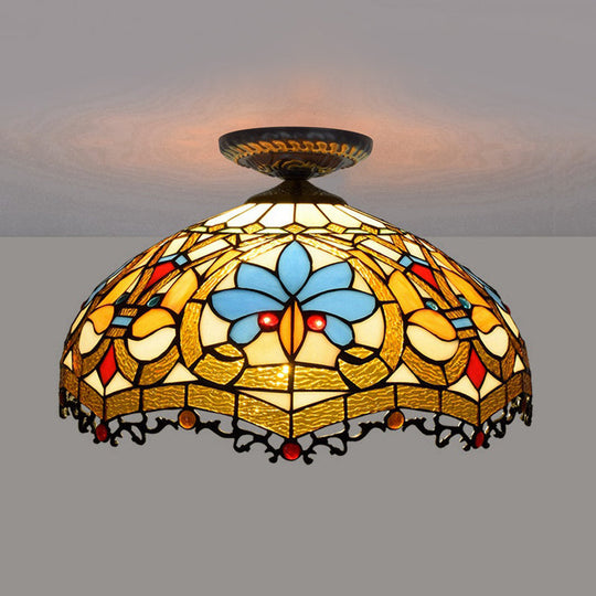 12"/16" W Baroque Scalloped Flush Mount Ceiling Lamp - Handcrafted Stained Glass, 1 Bulb, Black